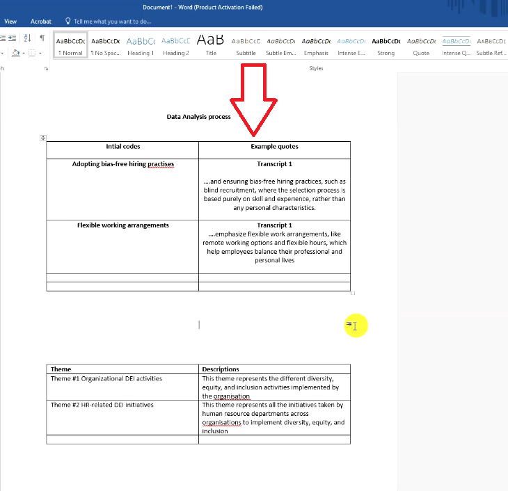 Initial codes and example quotes table with two codes, each with a Transcript 1 quote