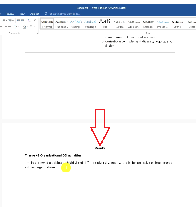 Results section in Word opening Theme #1 with the ATLAS.ti description rewritten in past tense