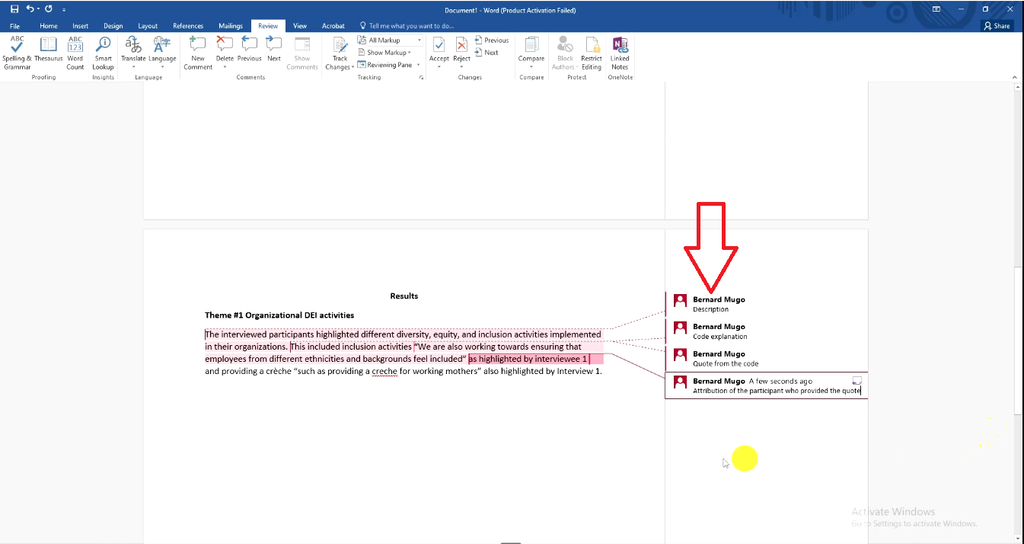 Theme #1 findings paragraph with Word comments labelling description, code explanation, quote and participant attribution