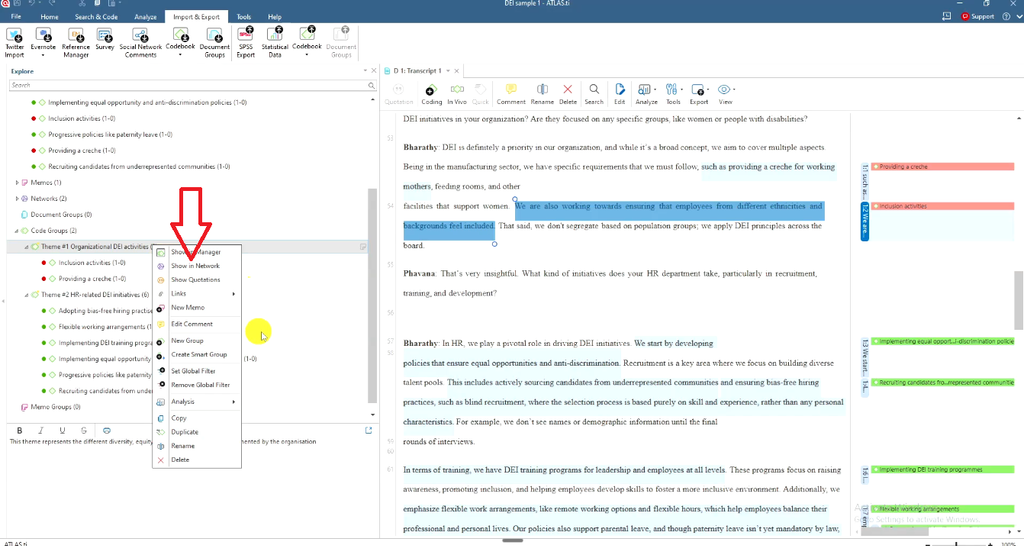 ATLAS.ti right-click menu on Theme #1 code group with Show in Network selected