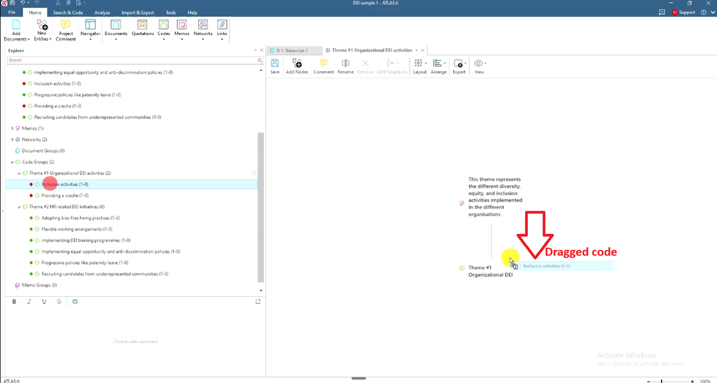 Dragging the code Inclusion activities into the ATLAS.ti network view for Theme #1
