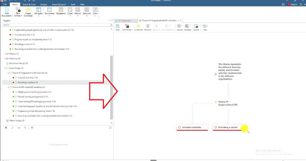 ATLAS.ti network view linking Theme #1 Organizational DEI to Inclusion activities and Providing a creche