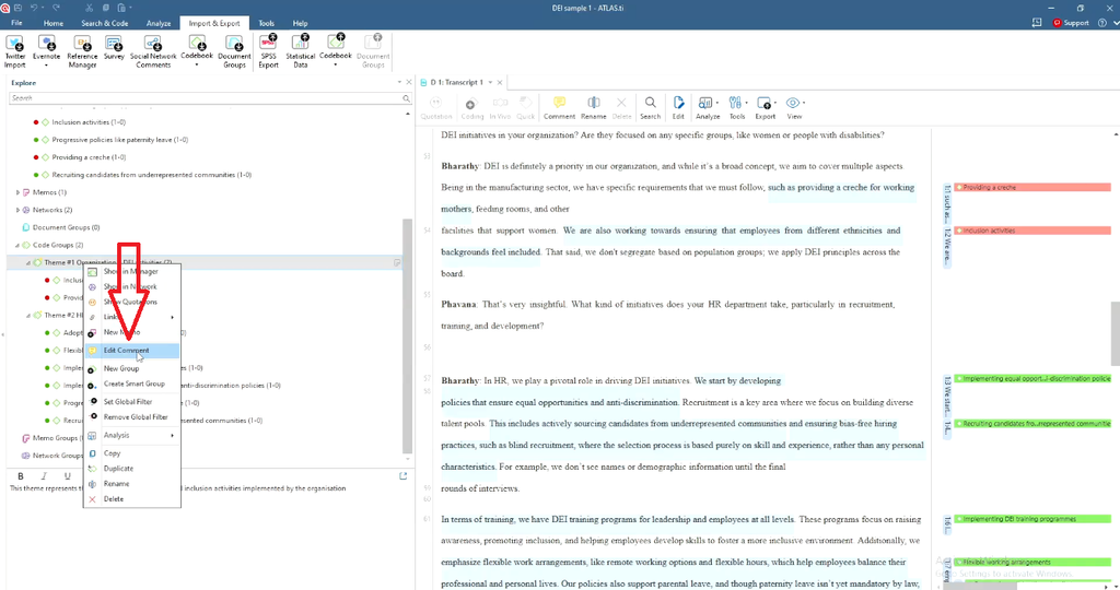 Right-clicking Theme #1 in the Code Groups list to open its comment and write a theme description.