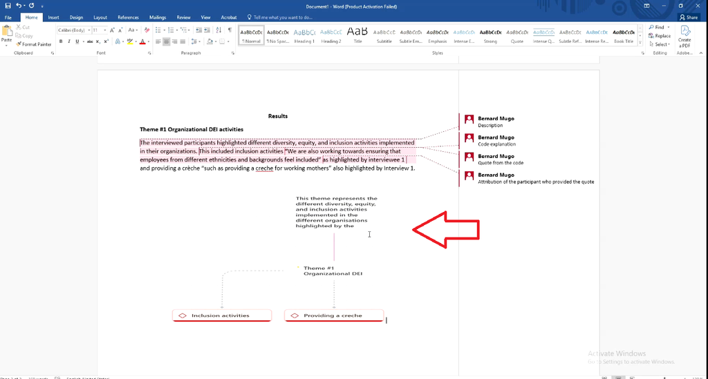 ATLAS.ti network image inserted below the Theme #1 findings paragraph in Word