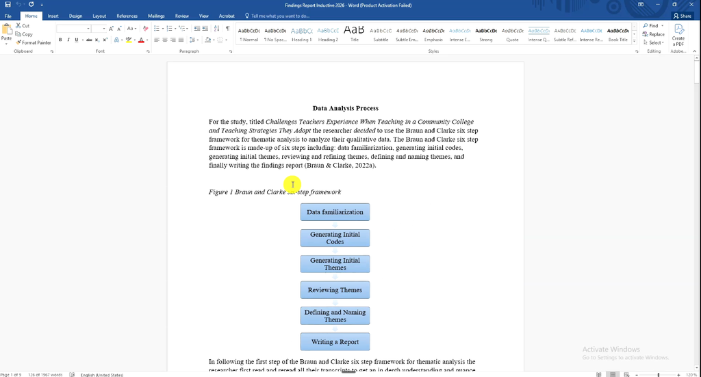 Sample Chapter Four "Data Analysis Process" section for a study on challenges teachers face in a community college, with a six-step Braun and Clarke flowchart.