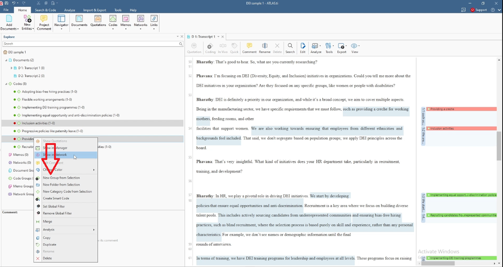 Right-click context menu open over the two selected codes, listing options including Show in Manager, Show in Network, Show Quotations, New Group from Selection, Merge, Copy, Rename, and Delete; a red arrow points to “New Group from Selection.