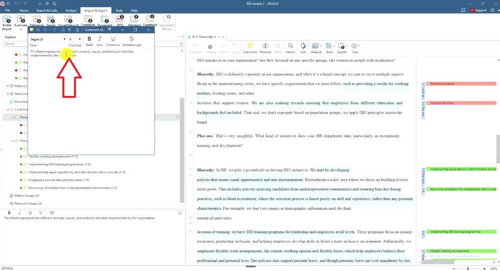 ATLAS.ti comment editor showing a theme description for organizational DEI activities