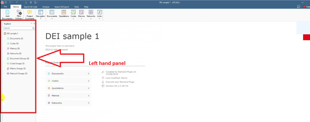 ATLAS.ti left-hand panel highlighted, listing Documents, Codes, Memos, Networks and Code Groups