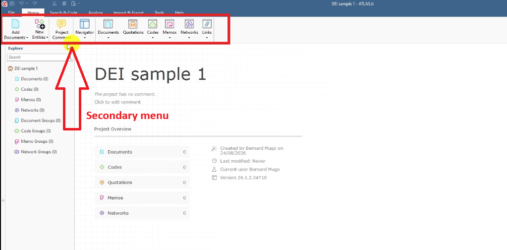 The secondary menu, used to add documents, entities, comments, and quotations.