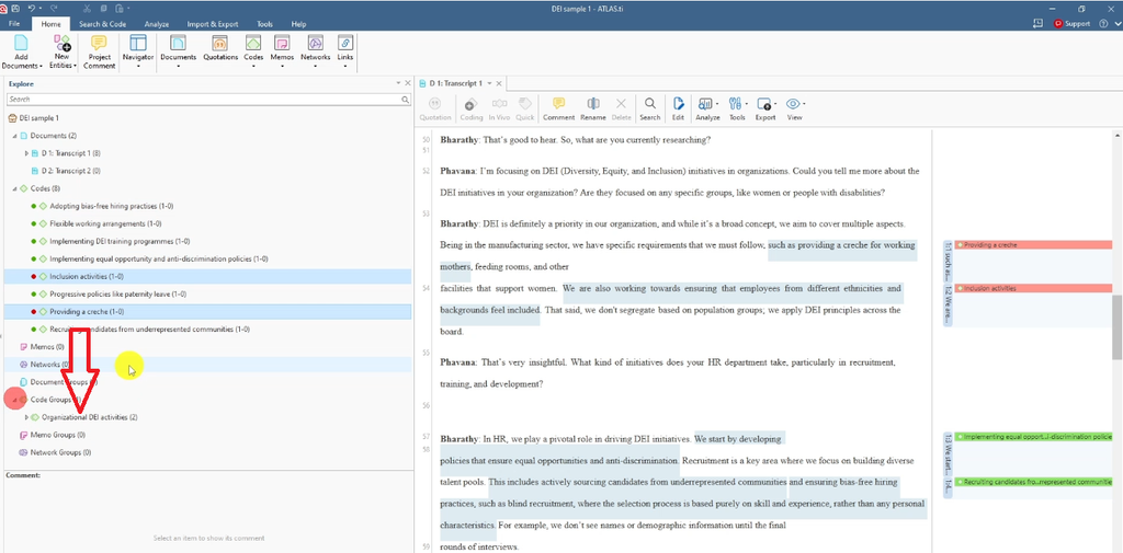 Explorer panel after grouping: a new “Code Groups” section now lists “Organizational DEI activities (2)”; a red arrow points from the two source codes down to the new group.