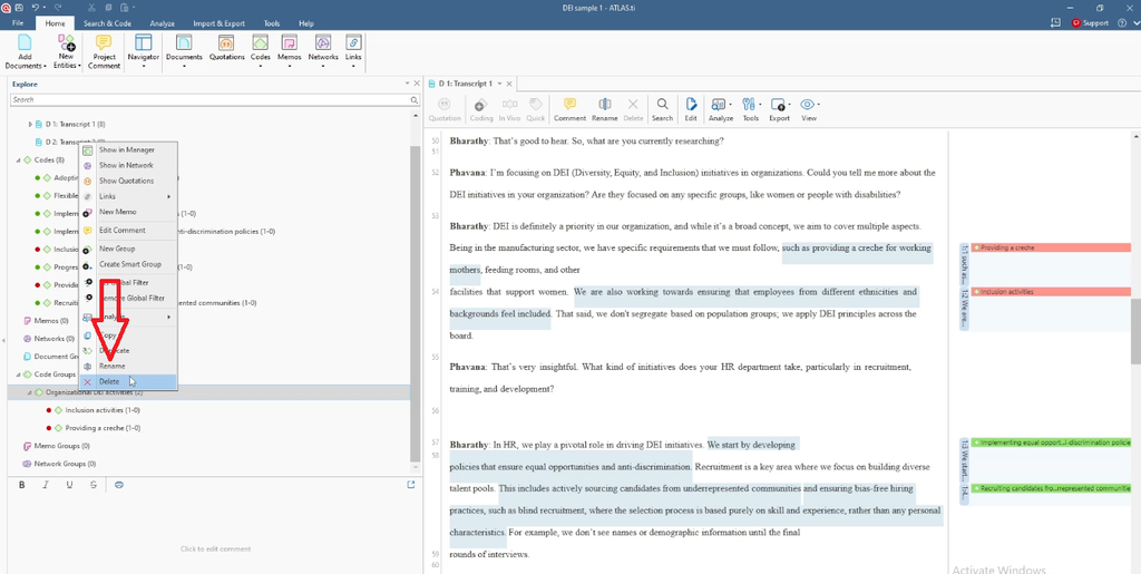 “Rename Code Group” dialog box open over the transcript view, showing the group being renamed from “Organizational DEI activities” to “Theme #1 Organizational DEI activities,” with Rename/Cancel buttons; a red arrow points to the dialog.