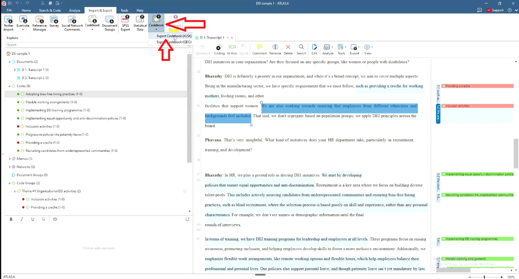 Exporting the ATLAS.ti codebook to Excel.