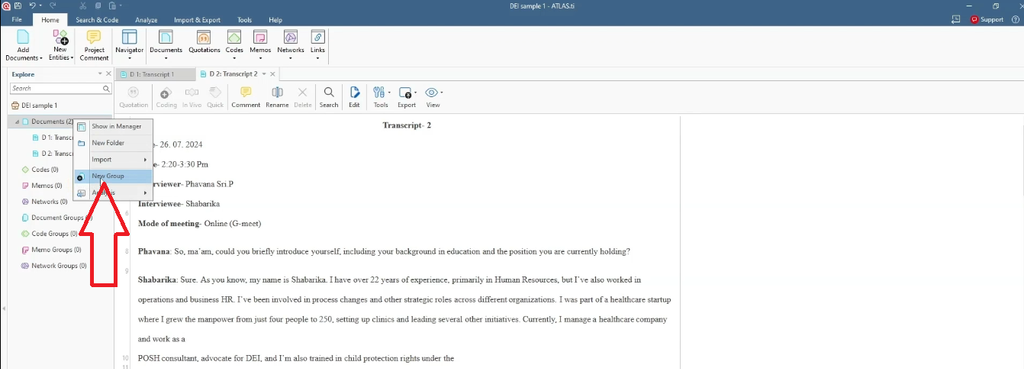 Right-click menu on Documents in ATLAS.ti to create a document group