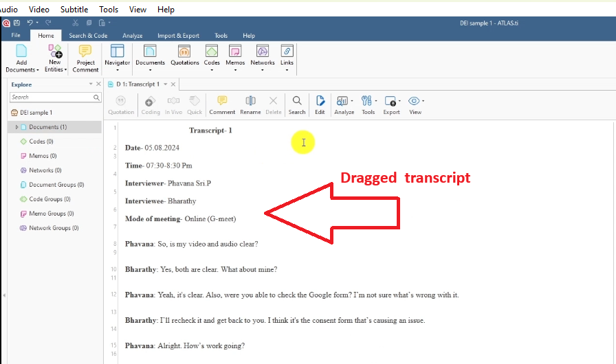 An imported interview transcript, opened and ready for coding in ATLAS.ti.