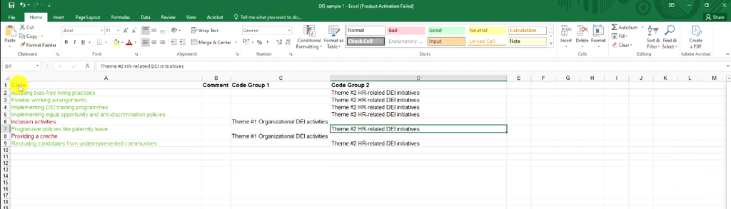 Exported ATLAS.ti codebook in Excel listing codes with their Code Group 1 and Code Group 2 themes