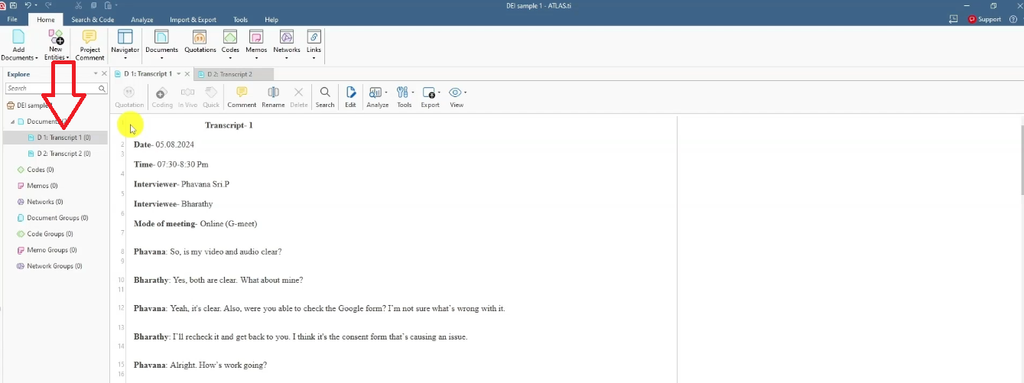 Two interview transcripts listed under Documents in ATLAS.ti with Transcript 1 open