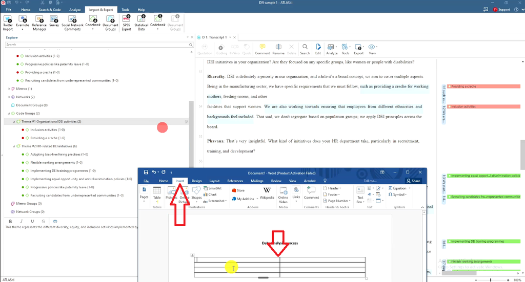 Word Insert tab and Table option used to add a table under a Data Analysis Process heading