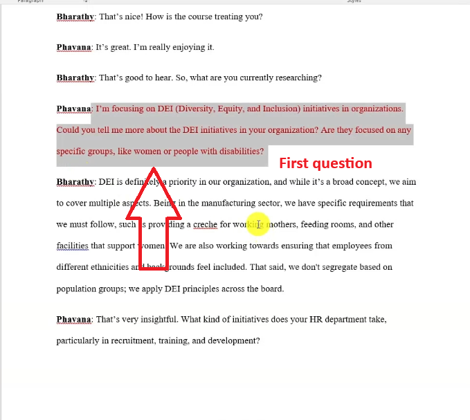 First interview question highlighted in red in the transcript
