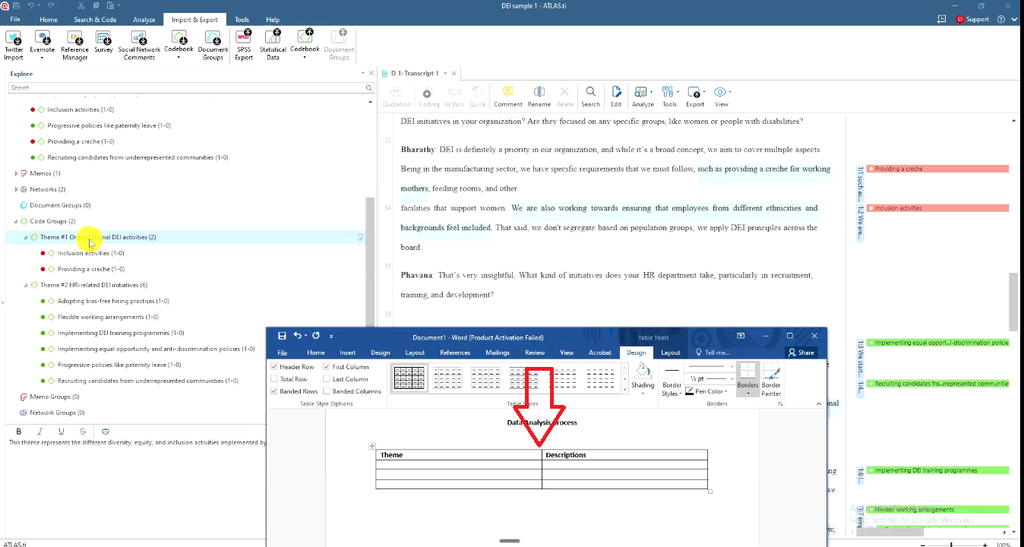 Word table with Theme and Descriptions column headers under a Data Analysis Process heading