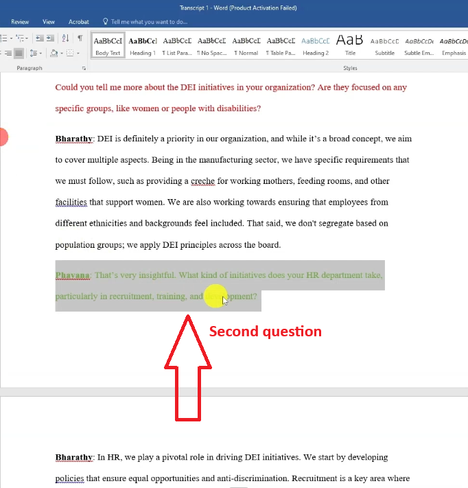 The second interview question, on HR initiatives, is highlighted in green, so codes from its answer will be green.