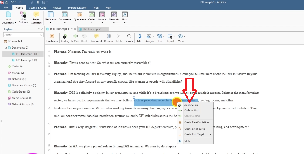 Applying a code to highlighted transcript text in ATLAS.ti using Apply Codes Highlighting text and selecting Apply Codes to create a new code in ATLAS.ti.
